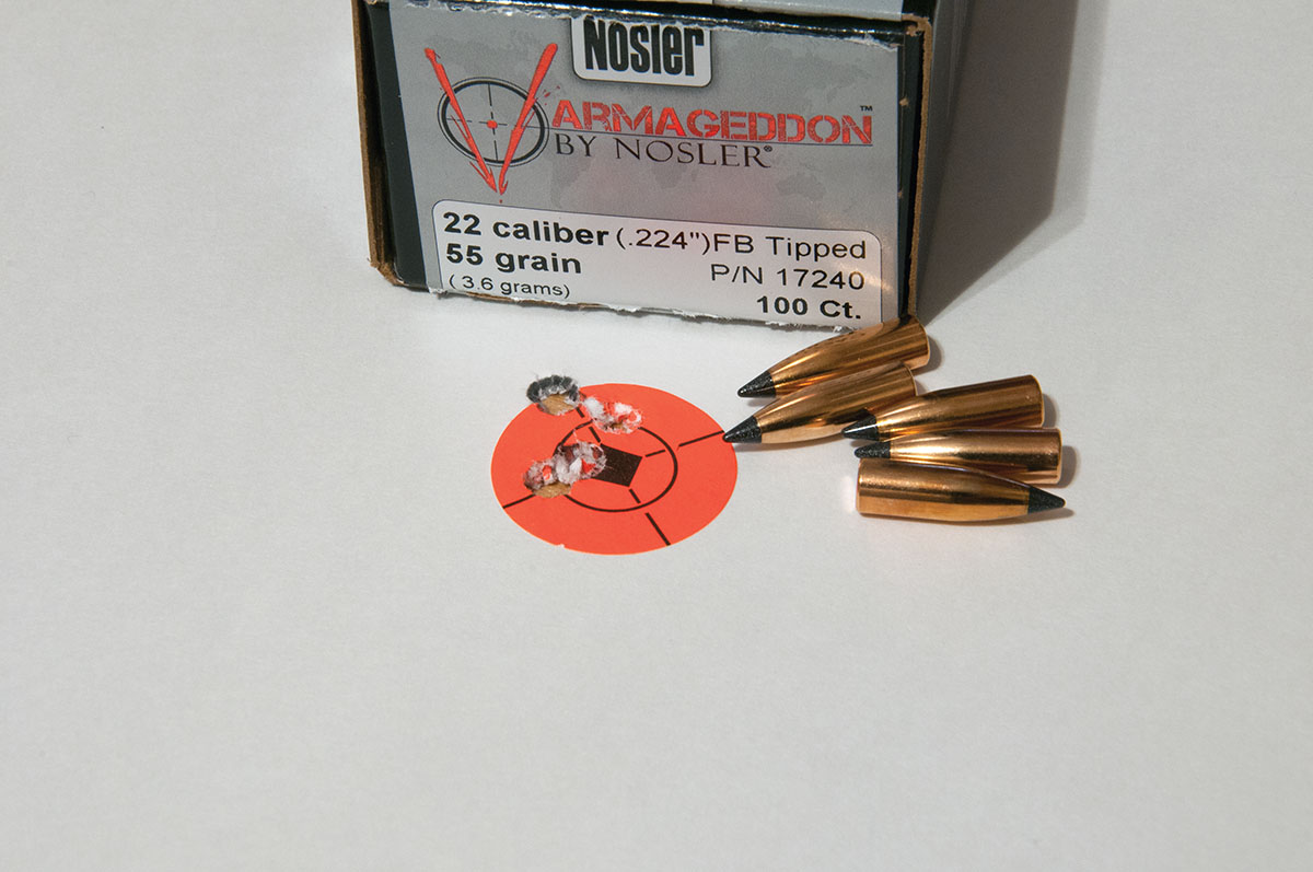 Handloads using Nosler Varmageddon 50-grain tipped flatbase bullets, combined with a maximum suggested charge of 22.5 grains of Ramshot X-Terminator powder resulted in this 100-yard group measuring .518 inch.